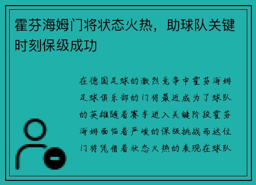霍芬海姆门将状态火热，助球队关键时刻保级成功